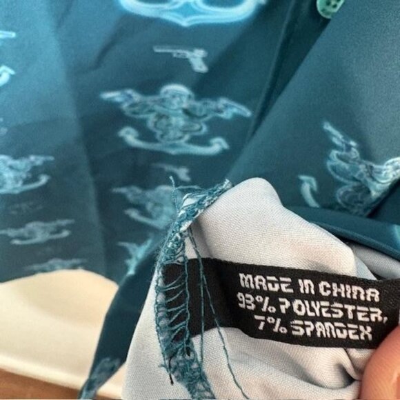 Retro Rifle Shirt Mens Large Teal Glocktopus Short Sleeve Button Up Stretch - Picture 4 of 7